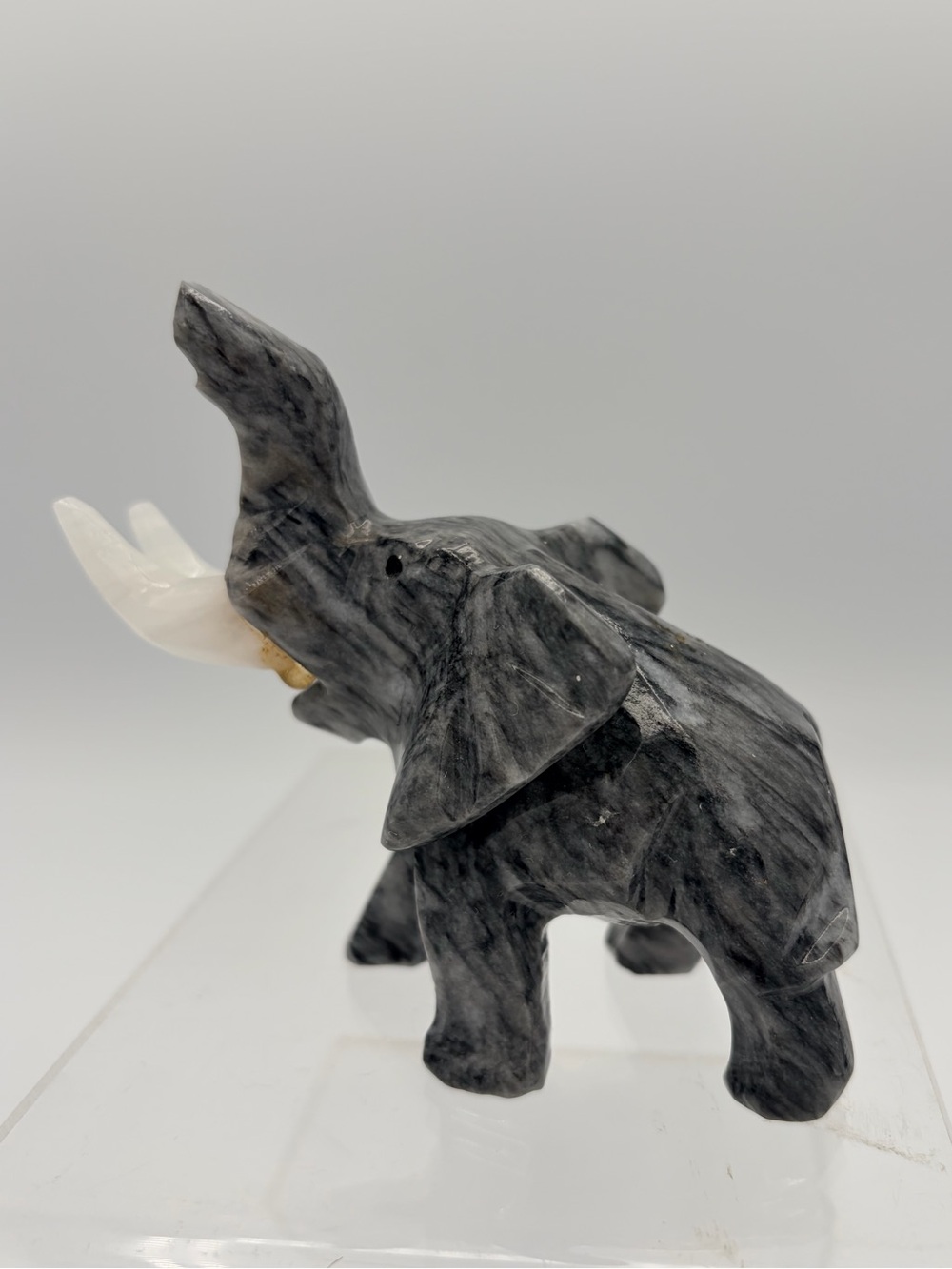 Vintage Hand craved Zebra Marble Elephant Figurine Truck Up Good Luck Decor